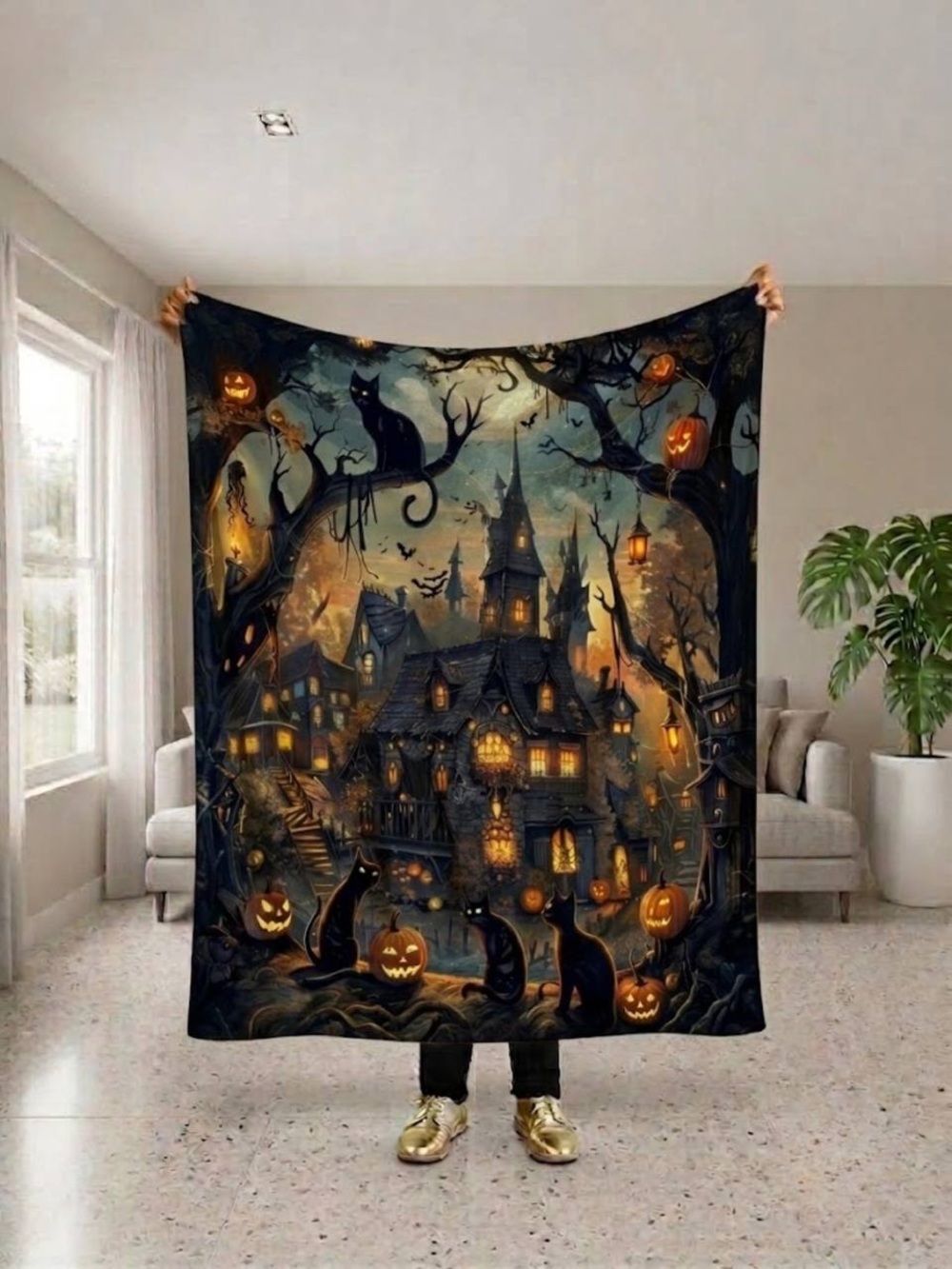 Haunted Manor Halloween Sherpa Blanket - Black & Orange